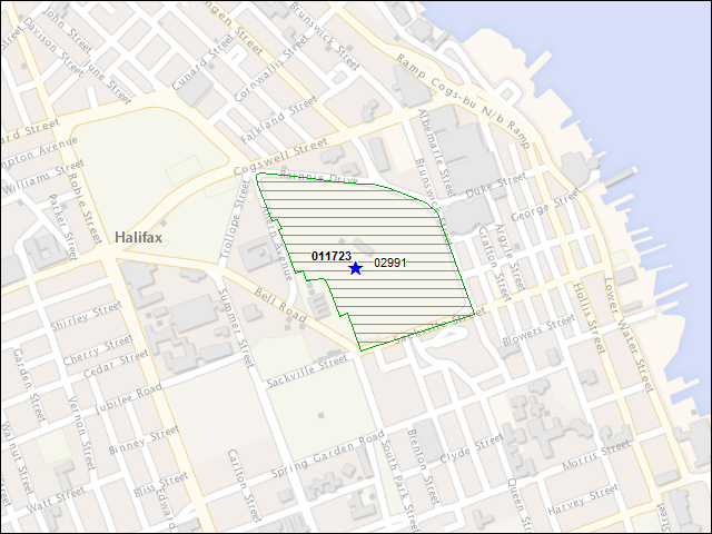 Une carte de la zone qui entoure immédiatement le bâtiment numéro 011723